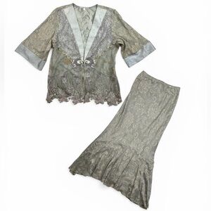 Vintage Spencer Alexis Embellished Lace Silk Blend 2 pc Soft Olive Green Small